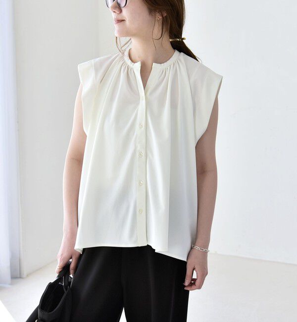 quaranciel「《予約》quaranciel:〈接触冷感/UVカット/吸水速乾/洗濯機可能〉スキッパー ギャザー シャツ カットソー」|シャツ・ブラウス|