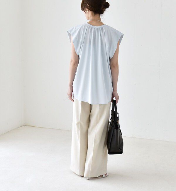 quaranciel「《予約》quaranciel:〈接触冷感/UVカット/吸水速乾/洗濯機可能〉スキッパー ギャザー シャツ カットソー」|シャツ・ブラウス|