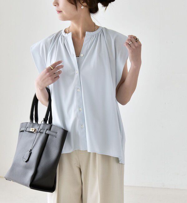 quaranciel「《予約》quaranciel:〈接触冷感/UVカット/吸水速乾/洗濯機可能〉スキッパー ギャザー シャツ カットソー」|シャツ・ブラウス|