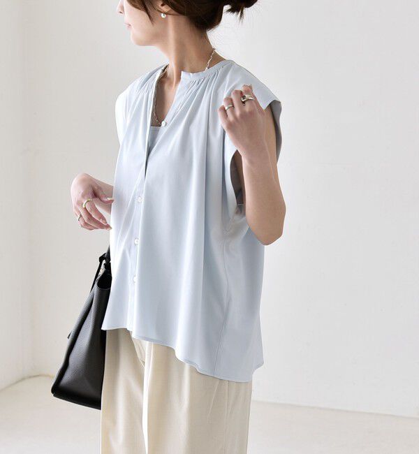 quaranciel「《予約》quaranciel:〈接触冷感/UVカット/吸水速乾/洗濯機可能〉スキッパー ギャザー シャツ カットソー」|シャツ・ブラウス|