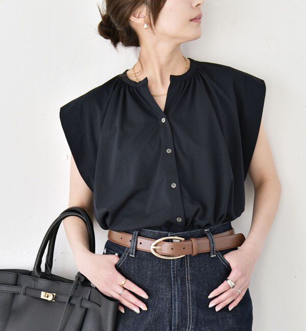 quaranciel「《予約》quaranciel:〈接触冷感/UVカット/吸水速乾/洗濯機可能〉スキッパー ギャザー シャツ カットソー」|シャツ・ブラウス|ネイビー