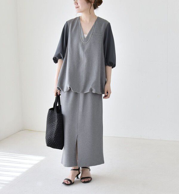 quaranciel「《予約》quaranciel:〈洗濯機可能〉Vネック 6分袖 ブラウス & Iライン スカート セットアップ」|ワンピース|