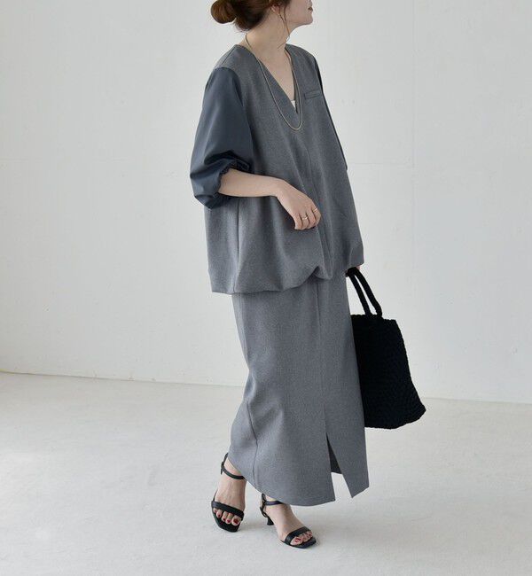 quaranciel「《予約》quaranciel:〈洗濯機可能〉Vネック 6分袖 ブラウス & Iライン スカート セットアップ」|ワンピース|