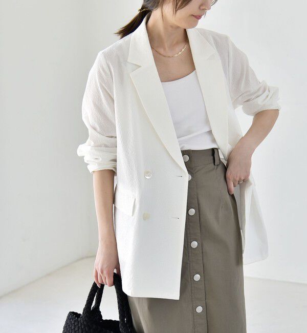 quaranciel「《予約》quaranciel:〈手洗い可能〉シアー カラミ テーラード ダブル ジャケット」|その他|オフホワイト