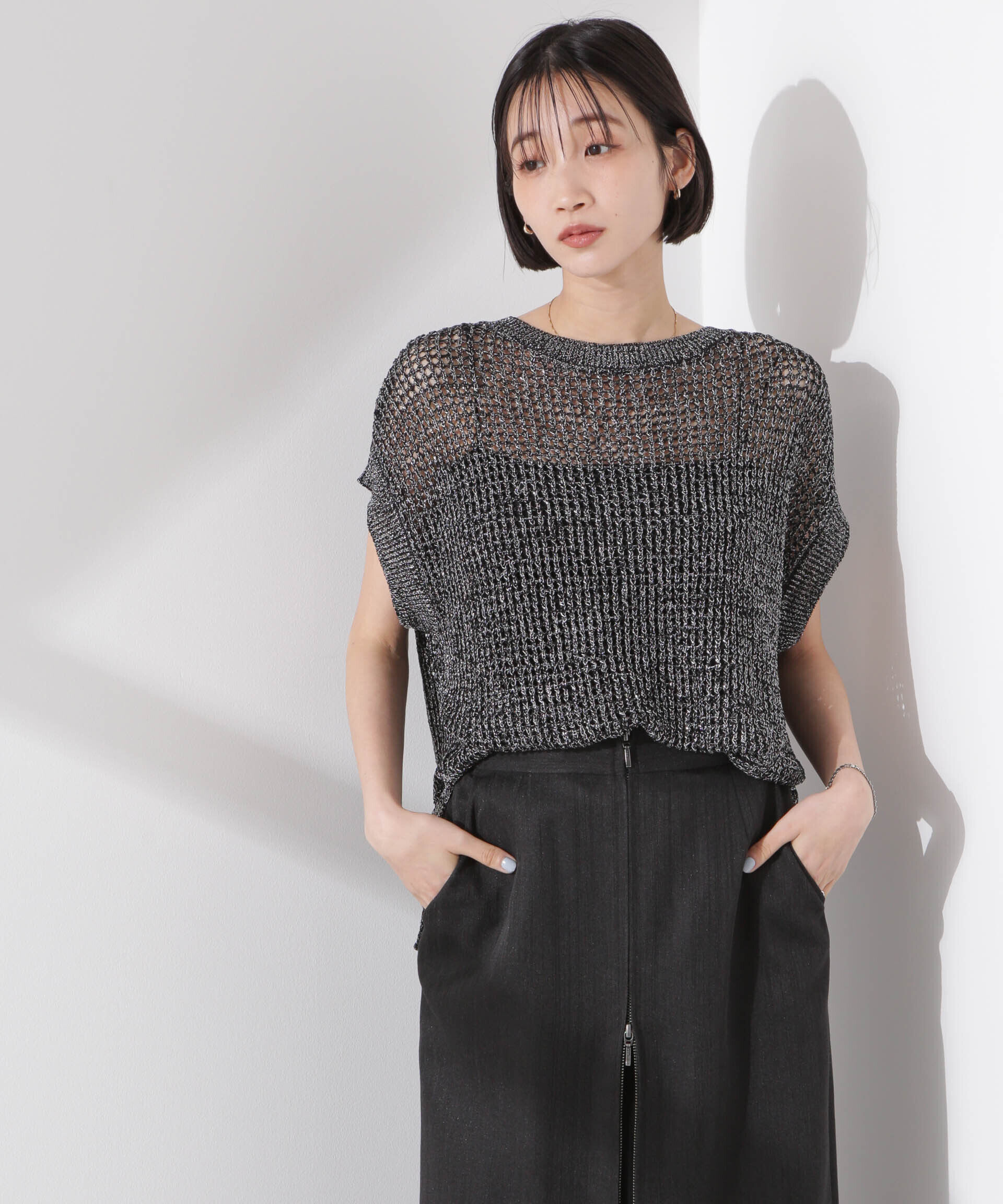 nano･universe「ラメメッシュノースリーブニット (セットアップ可)」|ニット・セーター|