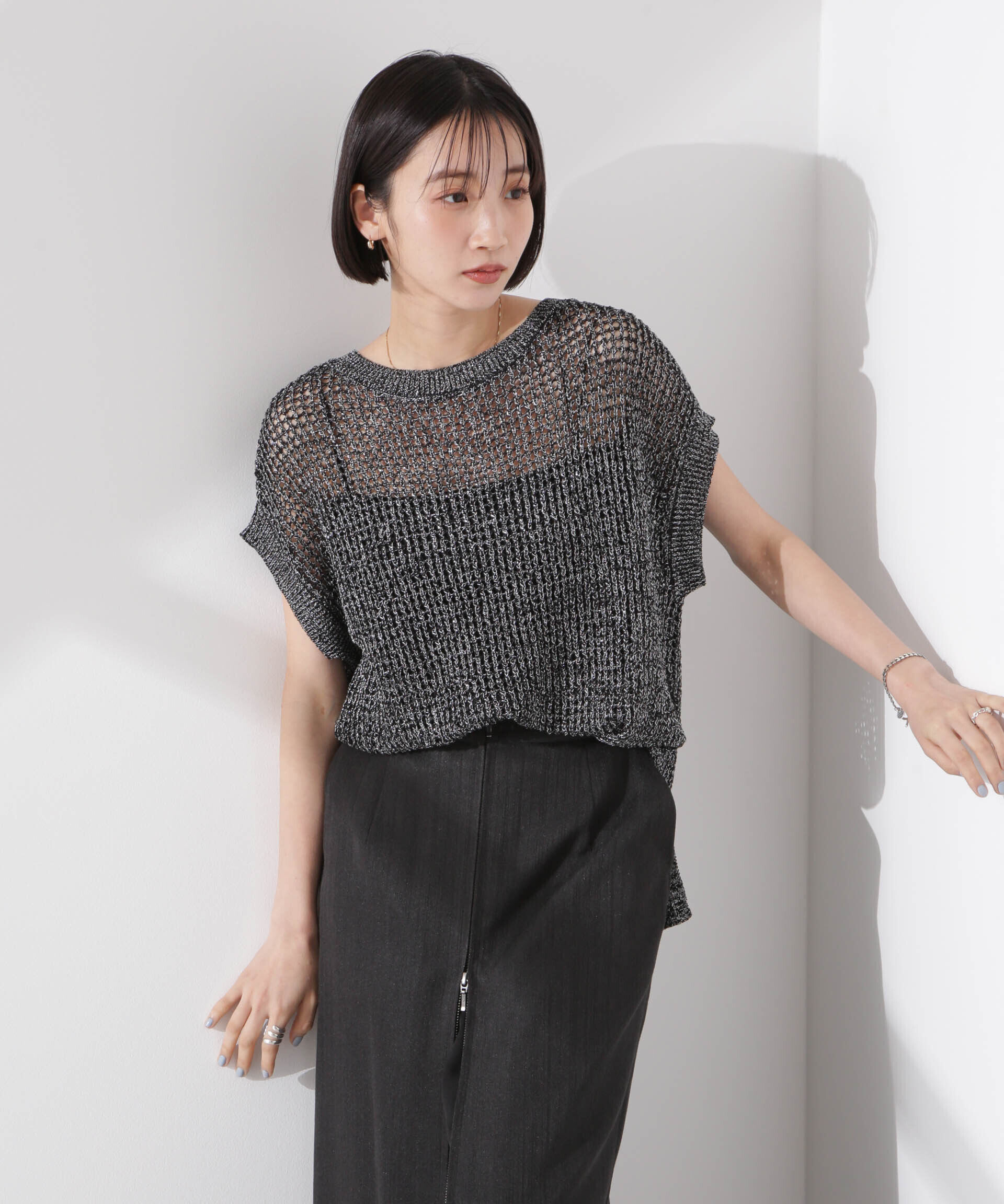 nano･universe「ラメメッシュノースリーブニット (セットアップ可)」|ニット・セーター|