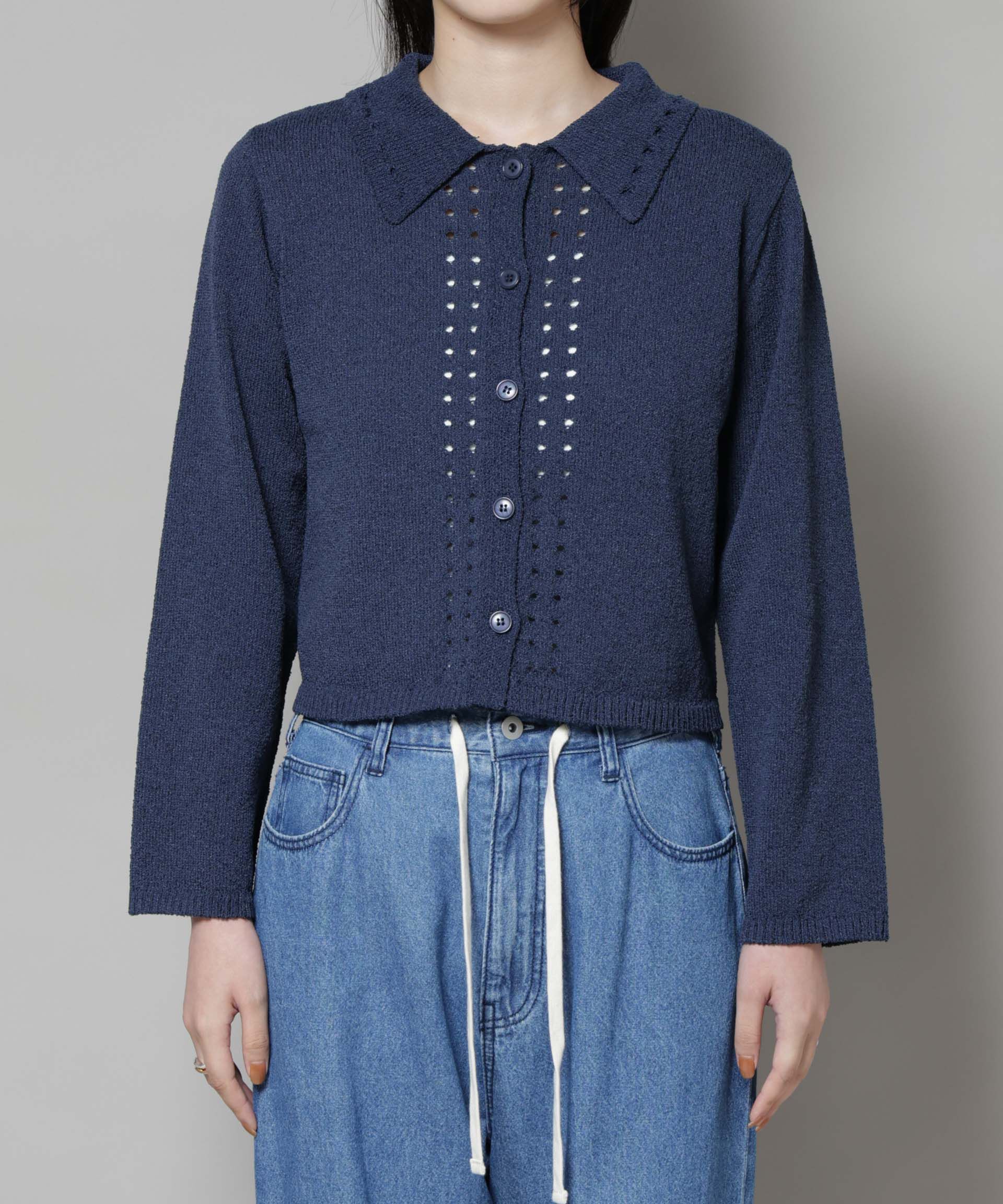 nano･universe「衿付アイレットクロップドニットカーディガン」|ニット・セーター|