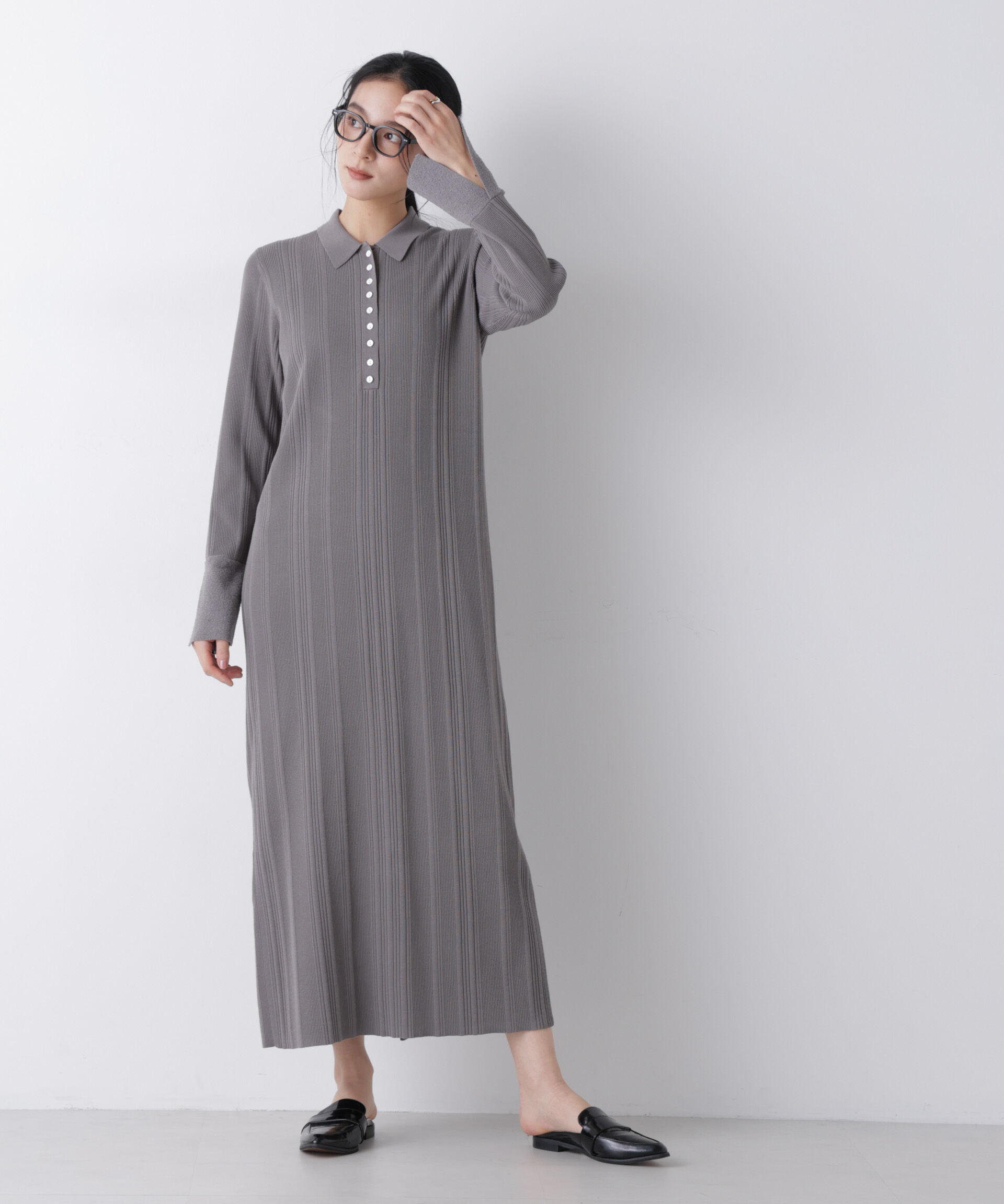 nano･universe「衿付きランダムリブニットワンピース」|ワンピース|