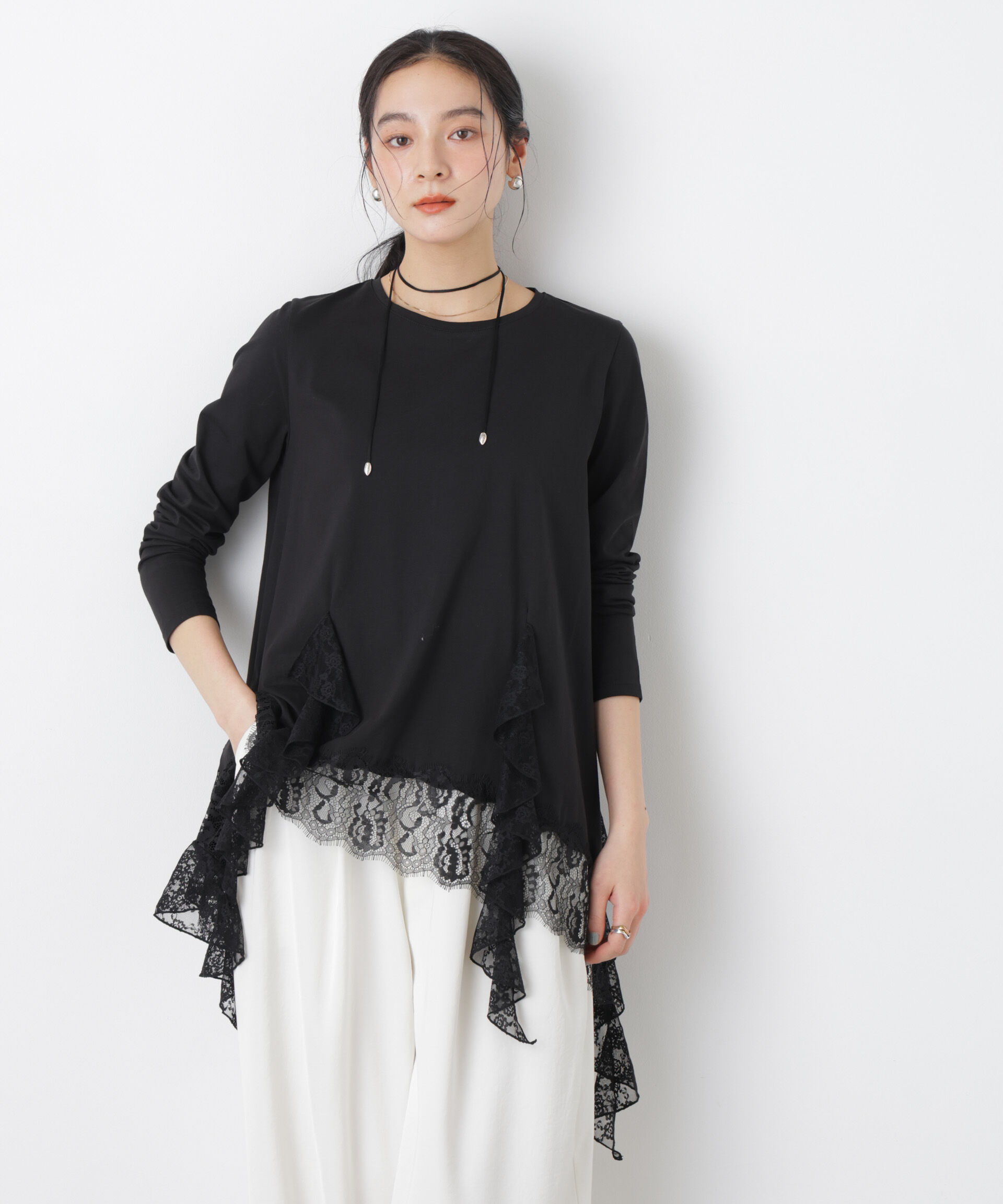 nano･universe「レースラッフルヘムカットトップス」|Tシャツ・カットソー|ブラック