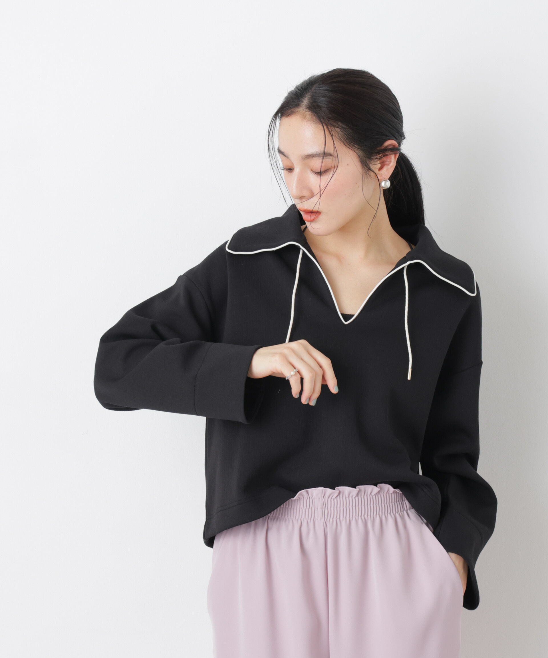 nano･universe「ダンボールカットバイカラーパイピングビッグカラートップス」|Tシャツ・カットソー|ブラック