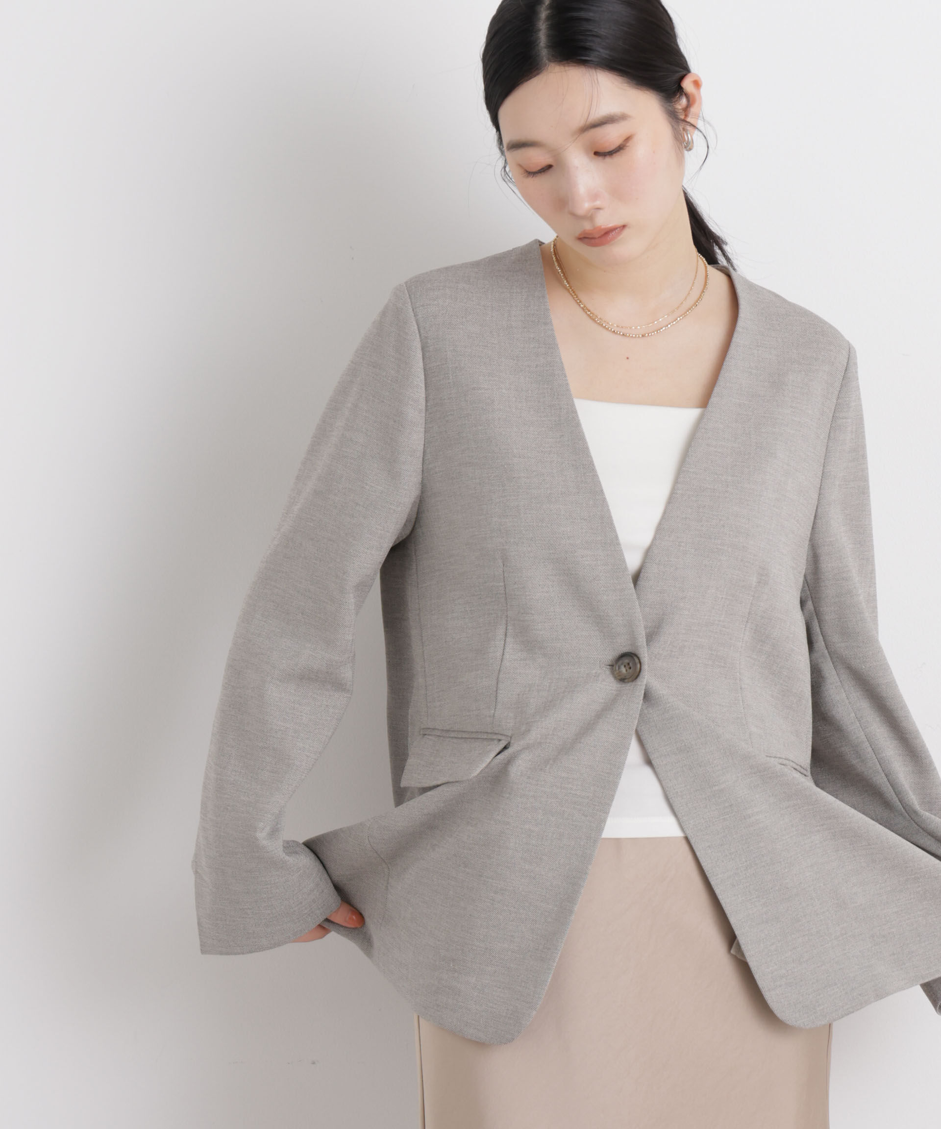 nano･universe「リネンライクツイルラペルレスジャケット」|テーラードジャケット|