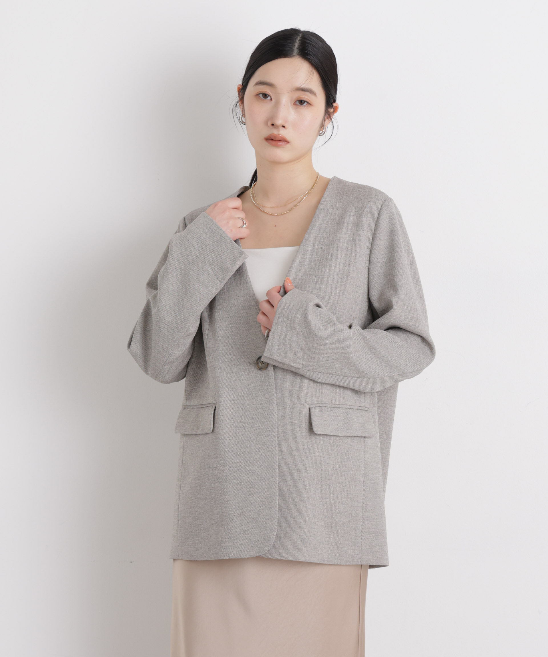 nano･universe「リネンライクツイルラペルレスジャケット」|テーラードジャケット|