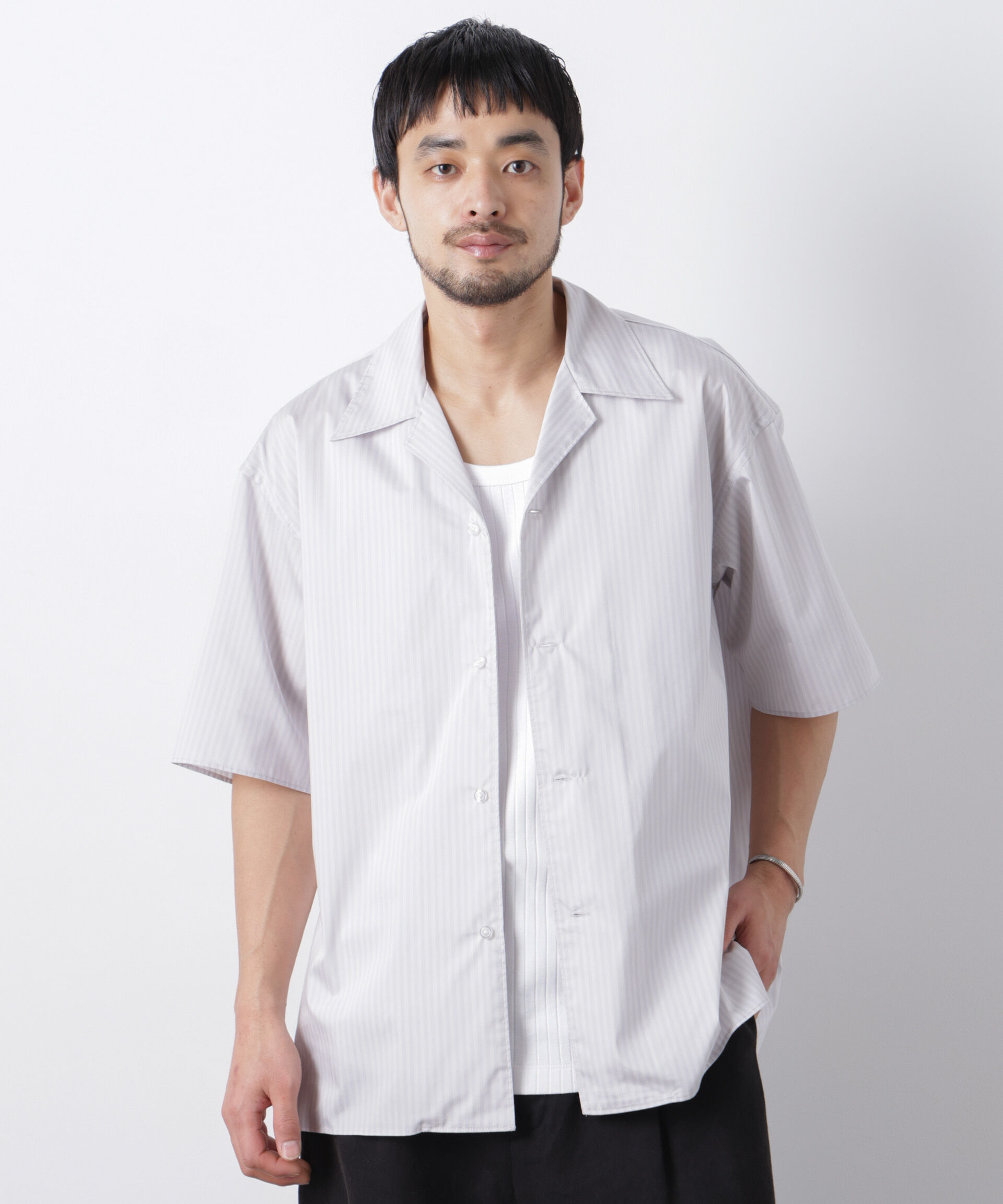 nano･universe「「OtoNANO」オープンカラーストライプ半袖シャツ」|シャツ・ブラウス|L.グレー1