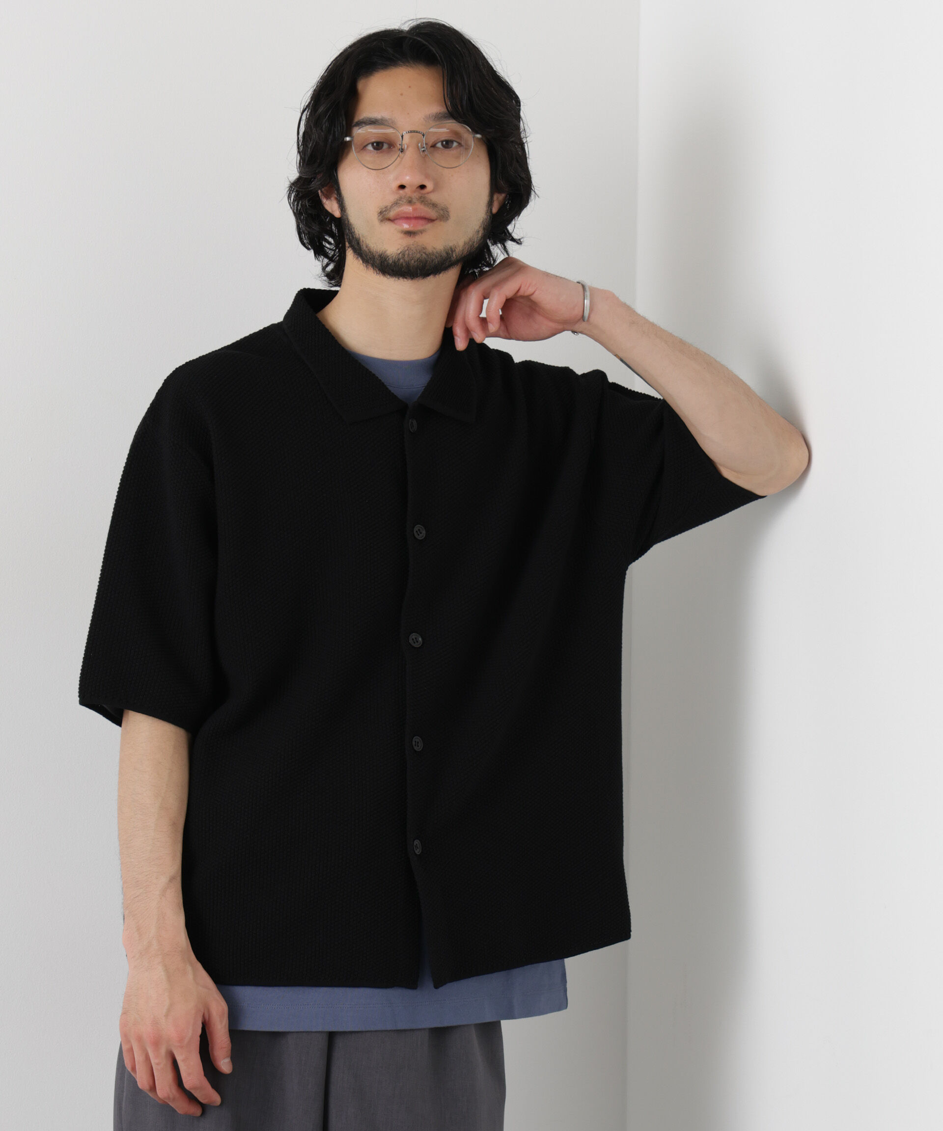 nano･universe「コットンシードステッチニットシャツ」|ニット・セーター|ブラック