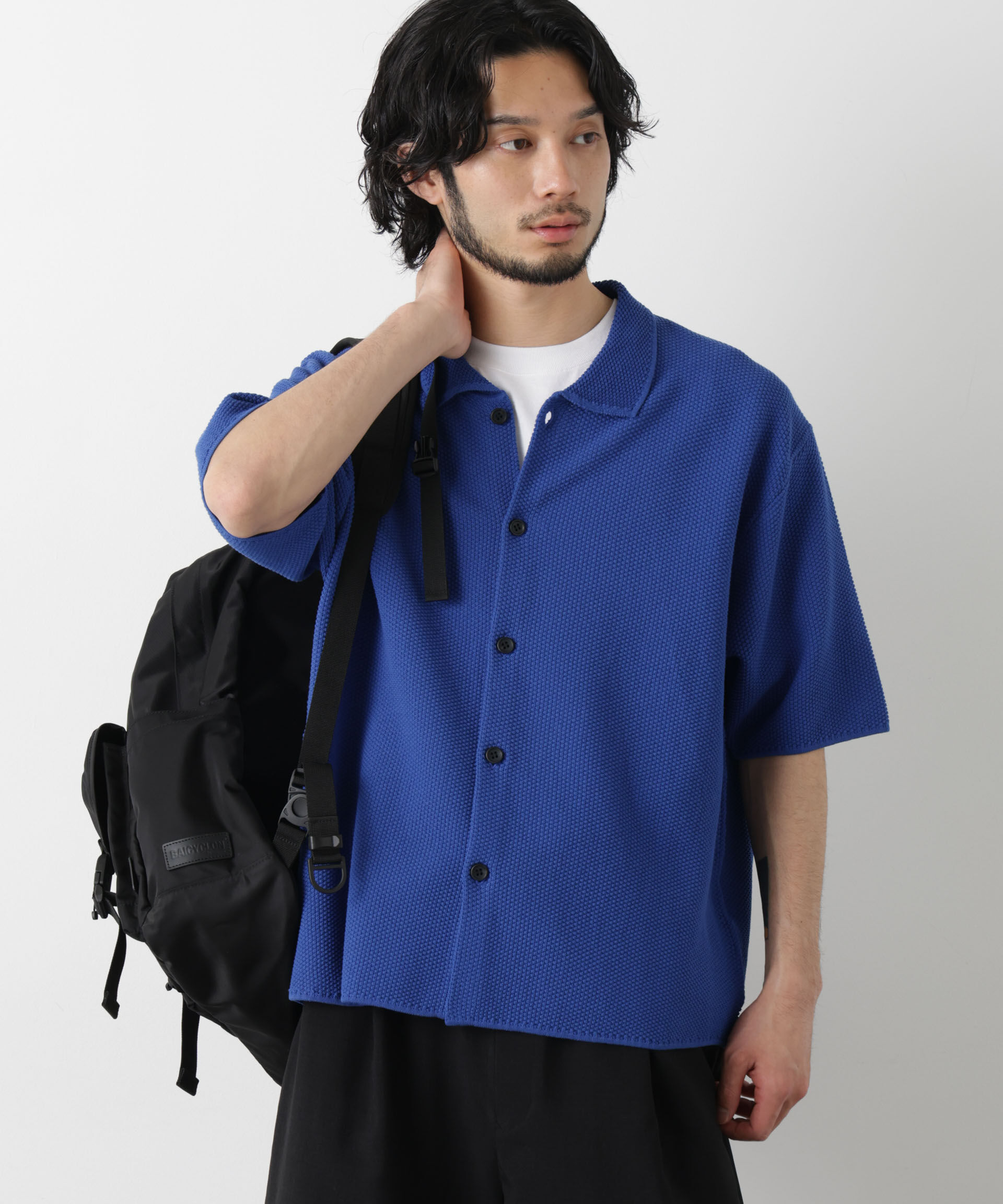 nano･universe「コットンシードステッチニットシャツ」|ニット・セーター|ブルー