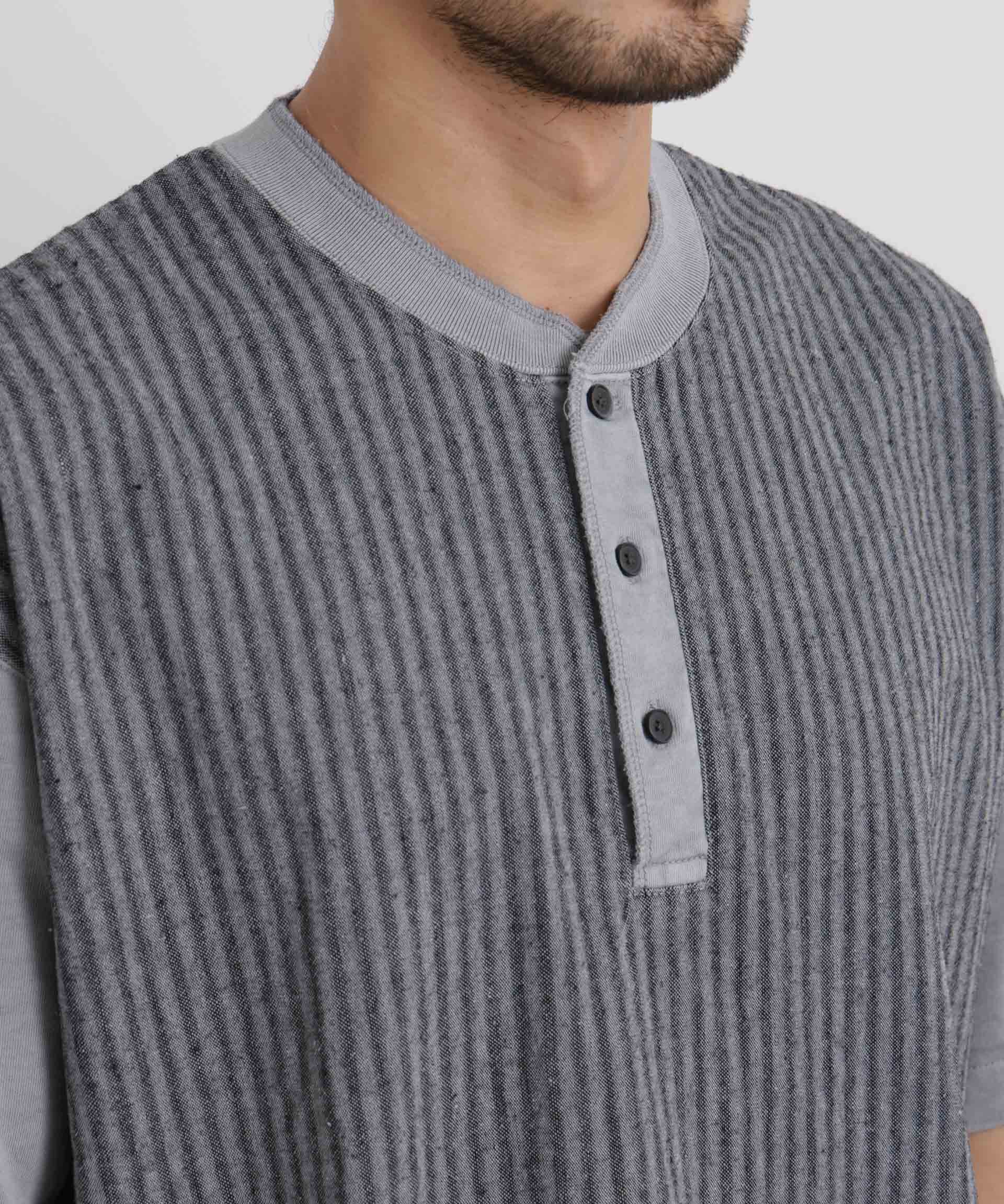 nano･universe「オーバーダイジャガードストライプヘンリーTシャツ 半袖」|Tシャツ・カットソー|