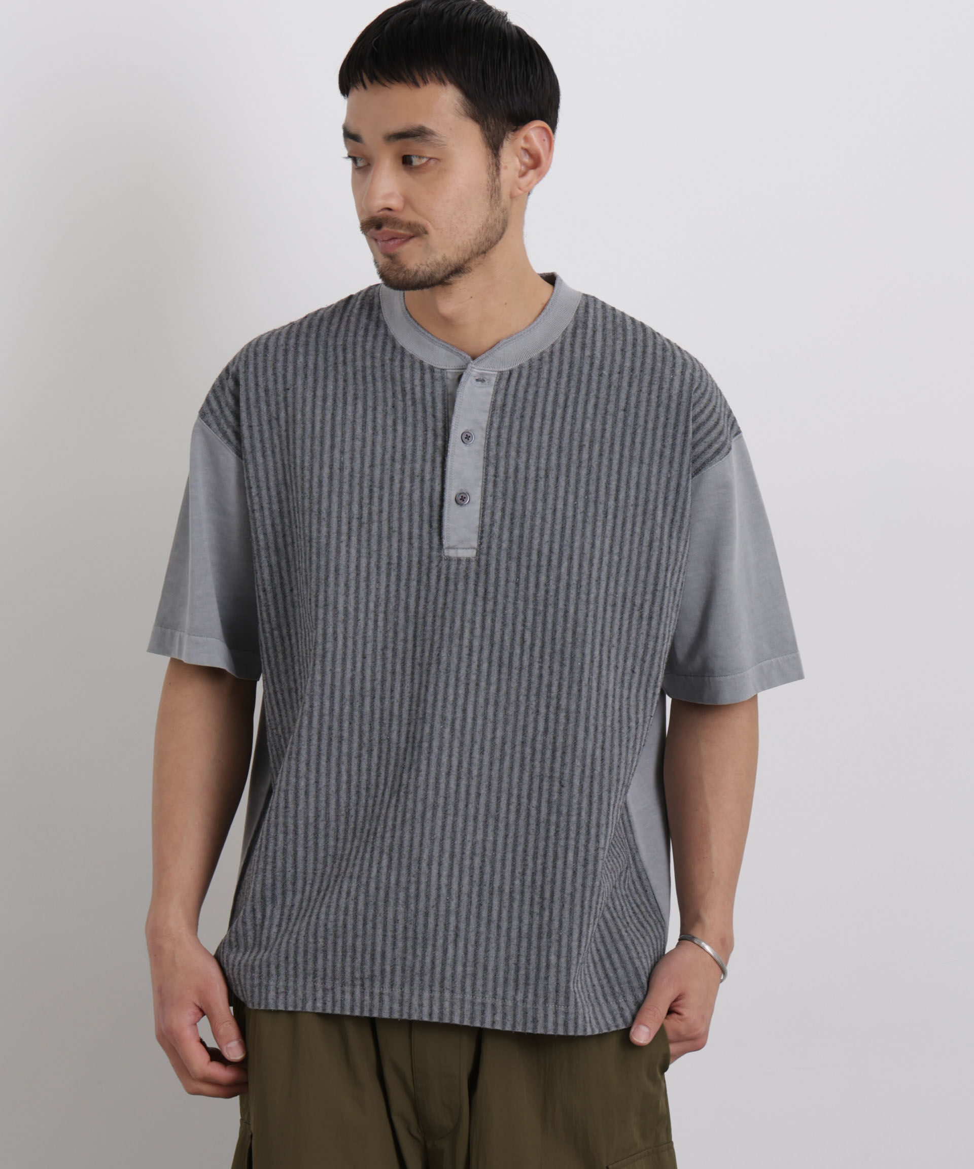 nano･universe「オーバーダイジャガードストライプヘンリーTシャツ 半袖」|Tシャツ・カットソー|