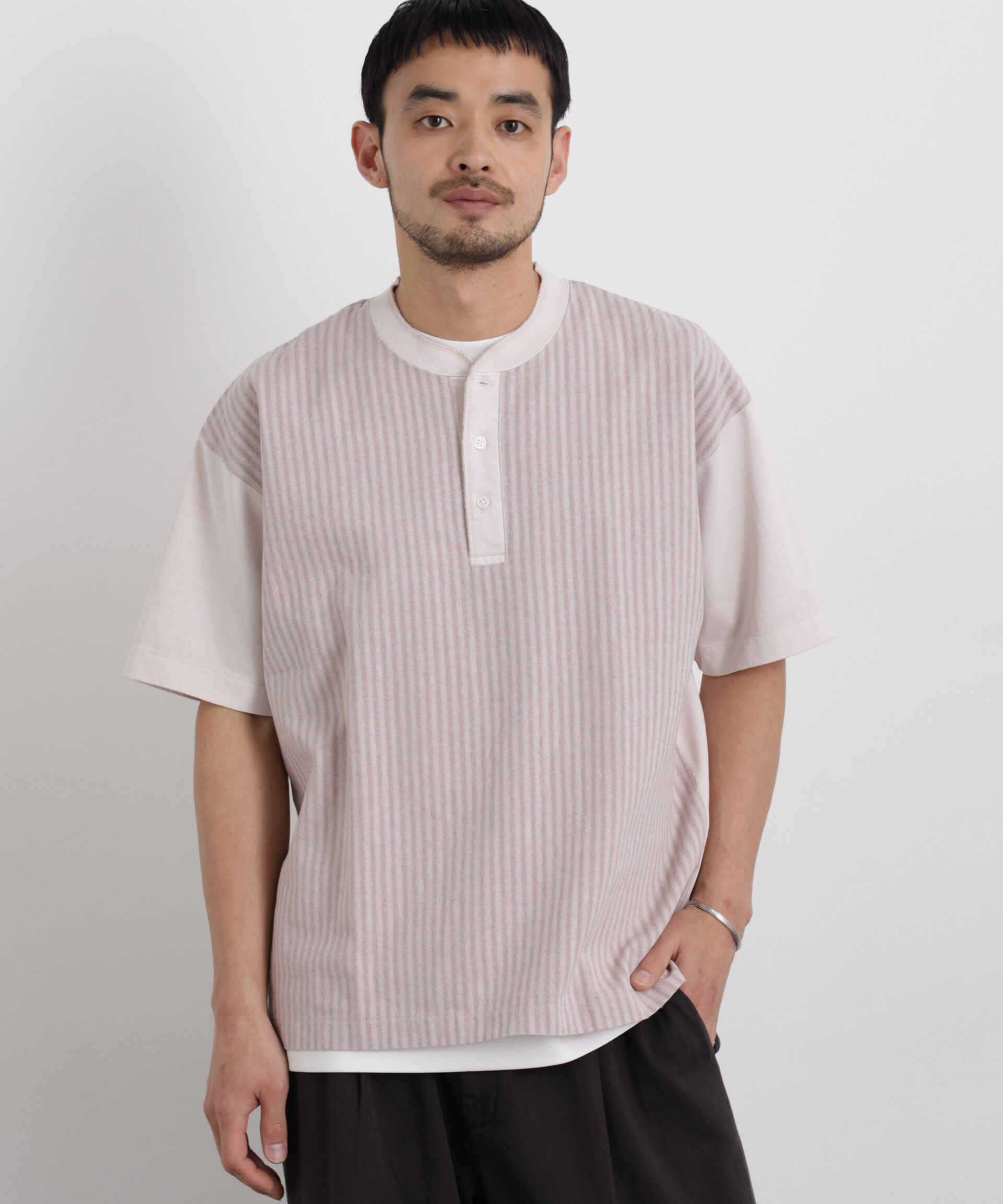 nano･universe「オーバーダイジャガードストライプヘンリーTシャツ 半袖」|Tシャツ・カットソー|