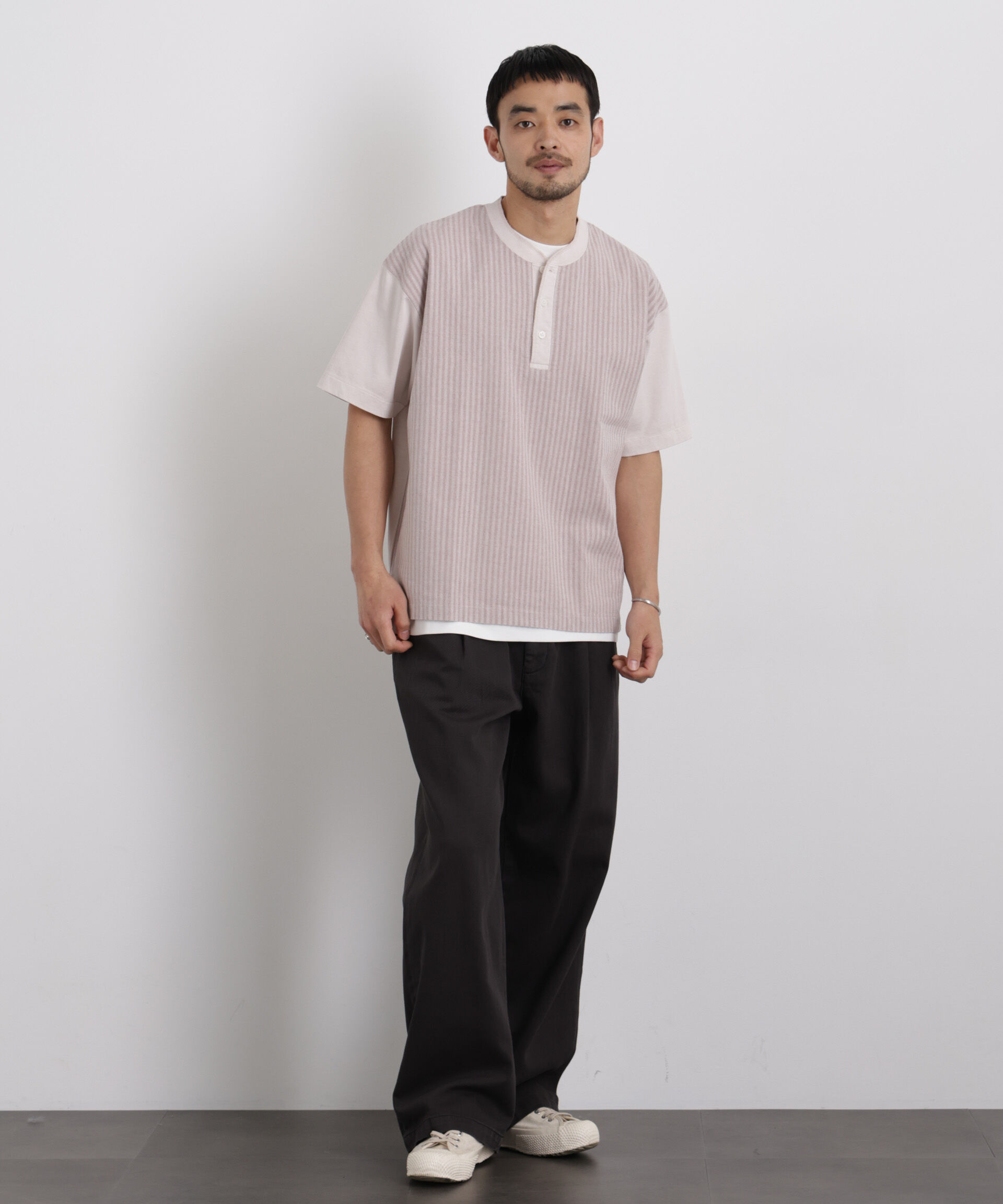 nano･universe「オーバーダイジャガードストライプヘンリーTシャツ 半袖」|Tシャツ・カットソー|