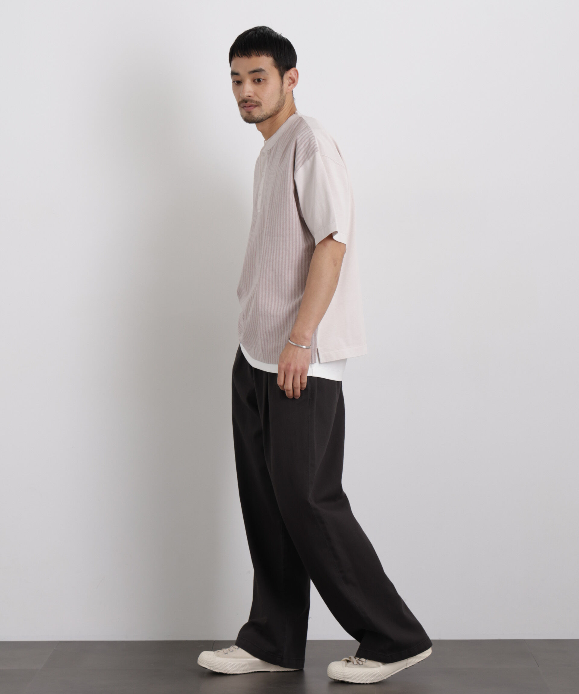 nano･universe「オーバーダイジャガードストライプヘンリーTシャツ 半袖」|Tシャツ・カットソー|