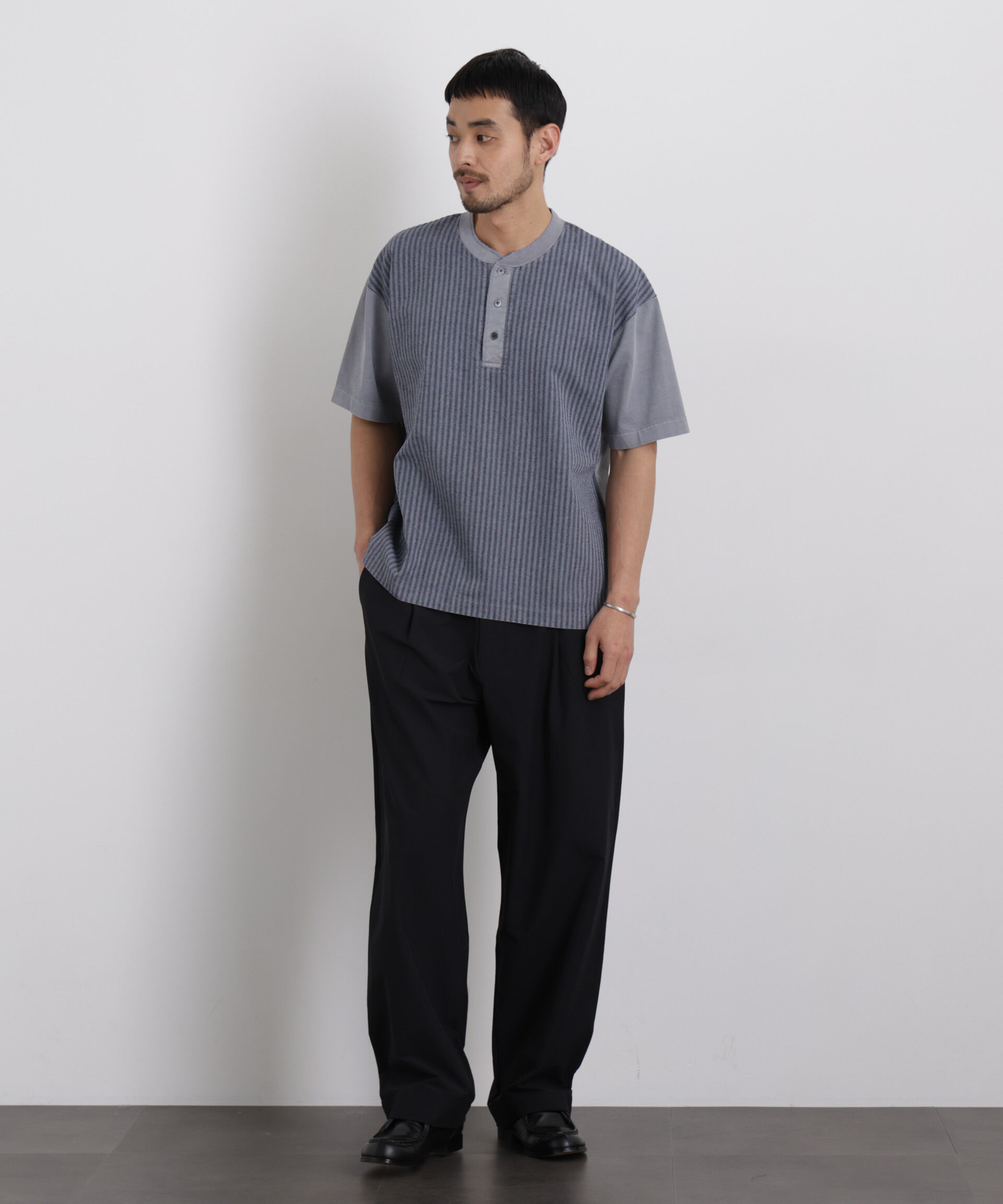 nano･universe「オーバーダイジャガードストライプヘンリーTシャツ 半袖」|Tシャツ・カットソー|