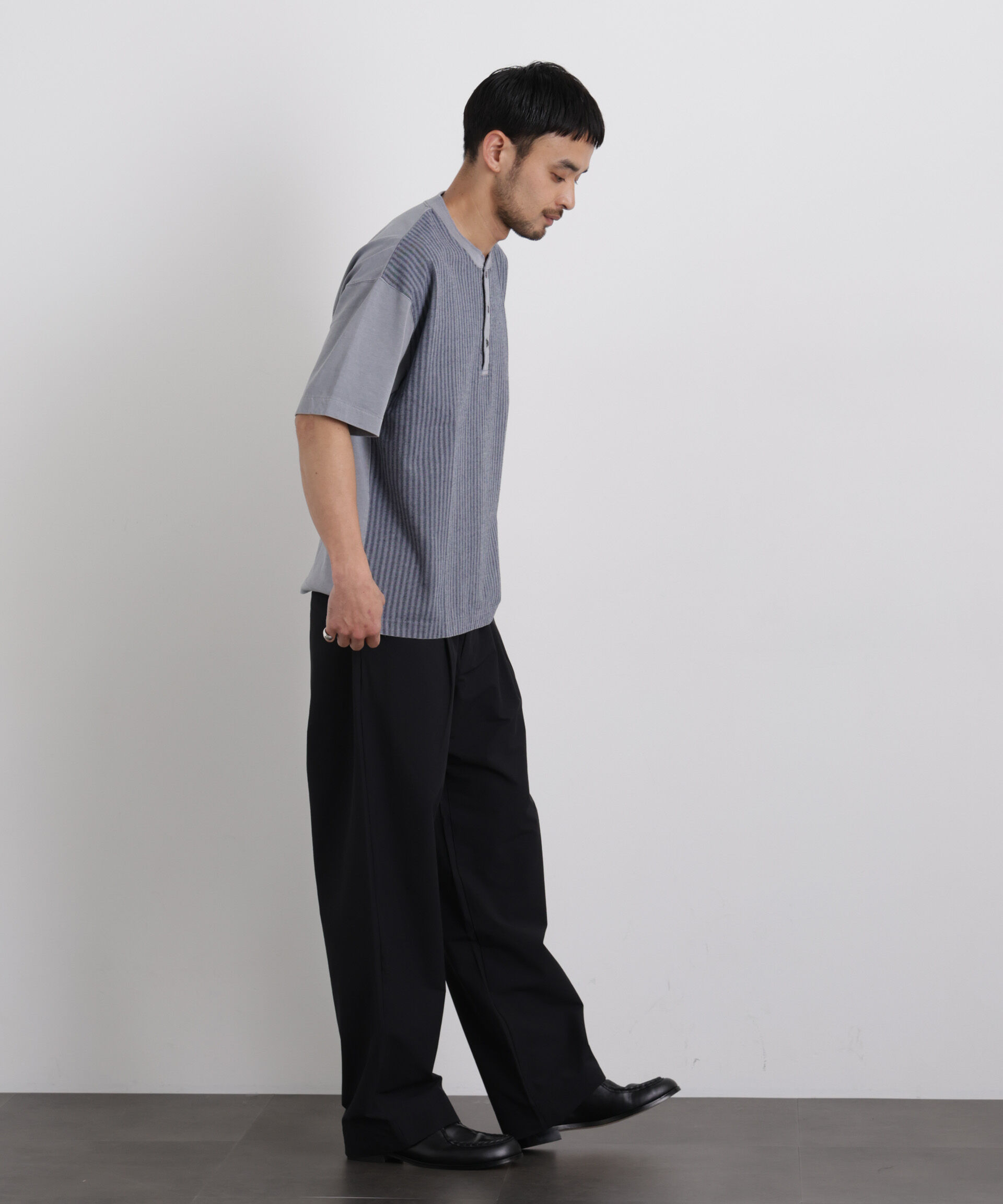 nano･universe「オーバーダイジャガードストライプヘンリーTシャツ 半袖」|Tシャツ・カットソー|