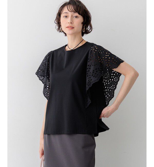 23区「カットワークエンブロイダリー デザインスリーブ トップス」|Tシャツ・カットソー|ブラック系