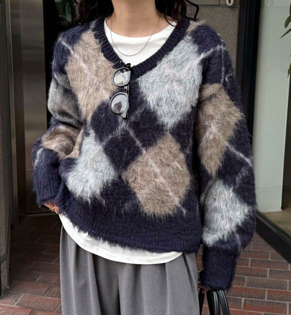 fredy emue「アーガイル柄起毛Ｖネックニット」|ニット・セーター|ブルー系その他