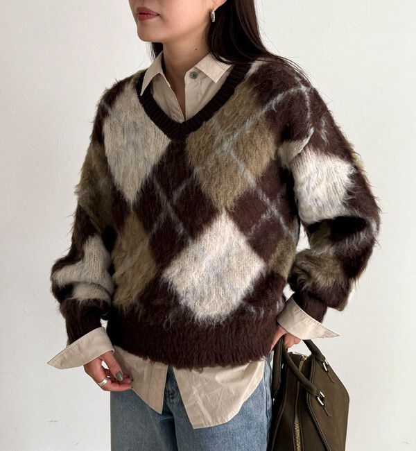 fredy emue「アーガイル柄起毛Ｖネックニット」|ニット・セーター|