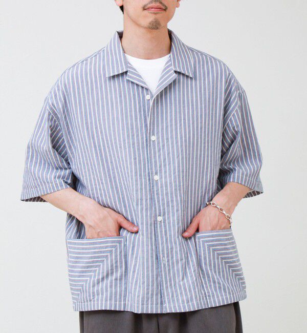 GLOSTER「サッカーストライプバイアスポケット ショートスリーブシャツ」|シャツ・ブラウス|ネイビー