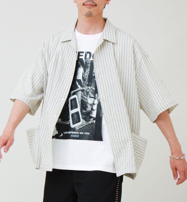 GLOSTER「サッカーストライプバイアスポケット ショートスリーブシャツ」|シャツ・ブラウス|ベージュ系その他