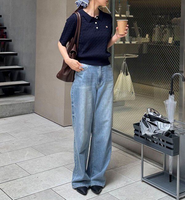 fredy emue「【大人気シリーズの新型登場！】FR刺しゅうケーブル柄半袖ポロ衿プルオーバーニット」|ニット・セーター|