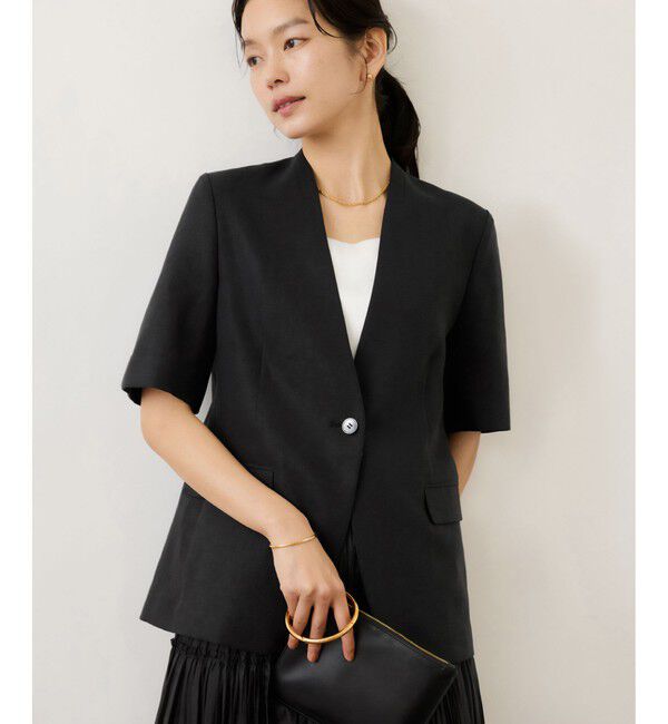 ROPE「リネンハーフスリーブノーカラージャケット」|ノーカラージャケット|ブラック(01)