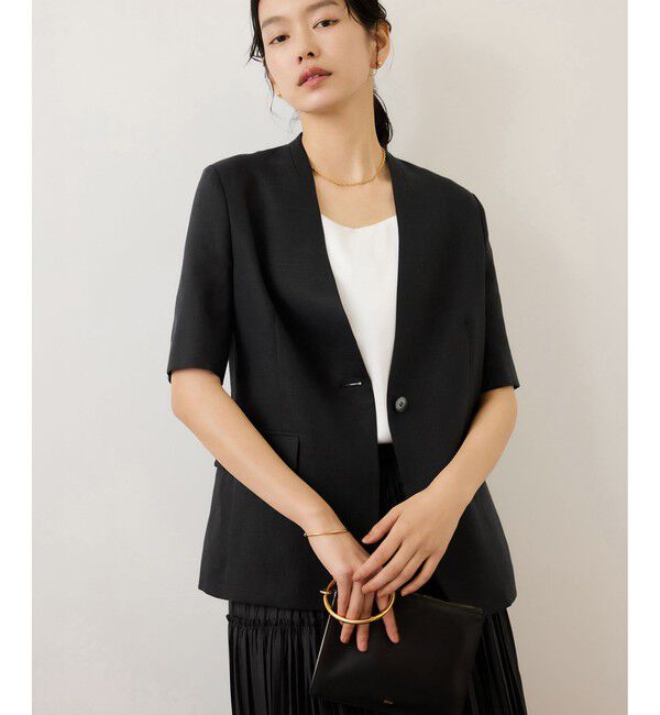 ROPE「リネンハーフスリーブノーカラージャケット」|ノーカラージャケット|