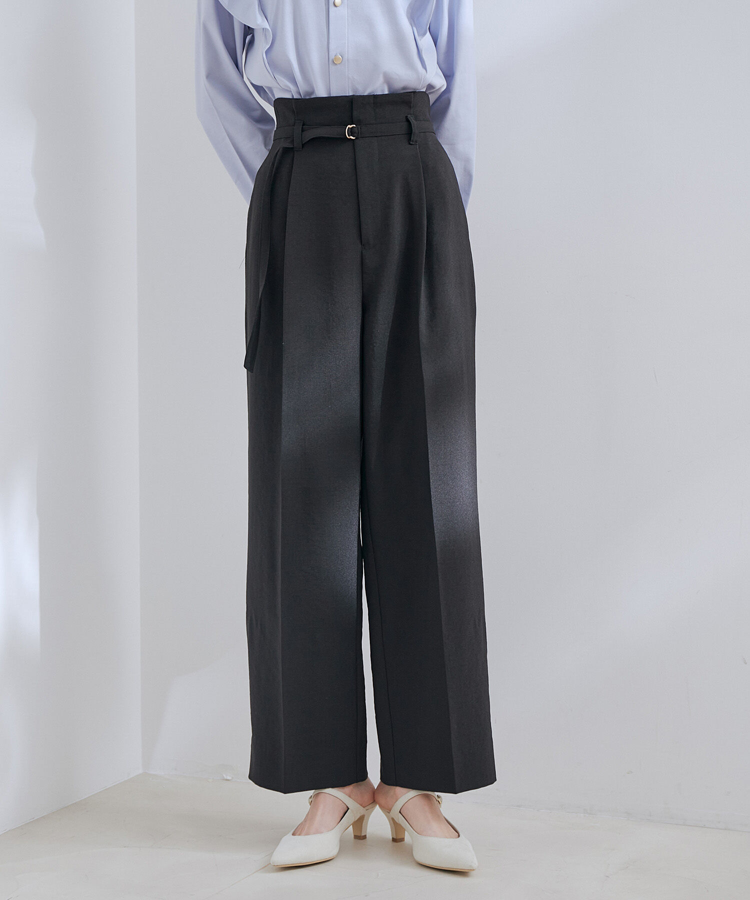 VIS「【接触冷感・洗える】美easy Dカンベルト付きワイドパンツ【セットアップ対応】」|スラックス|ブラック(01)