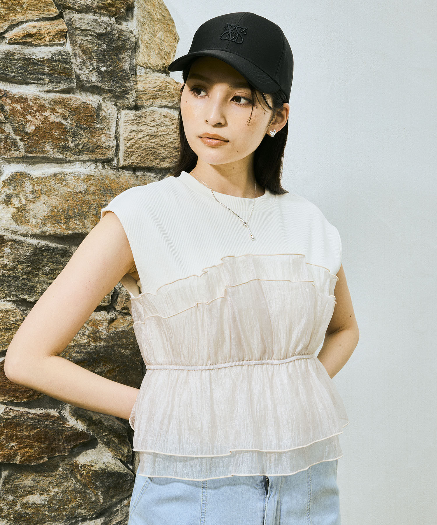 VIS「旬なレイヤードスタイルが叶う！ビスチェドッキングフレンチスリーブプルオーバー【洗える】」|Tシャツ・カットソー|