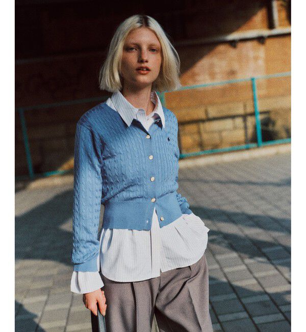 VIS「【POLO BCS】VIS別注ミニケーブルノーカラーニットカーディガン」|カーディガン|サックス(48)