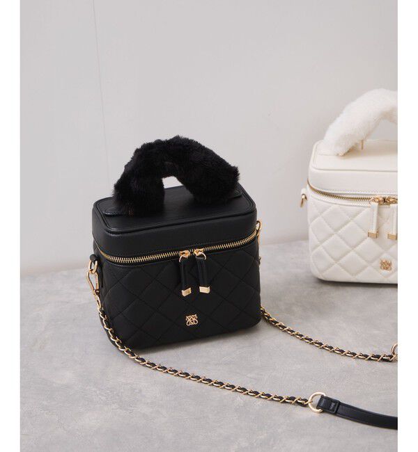 VIS「ファーハンドルキルティング＆ツイードバニティバッグ/2WAY」|ハンドバッグ|ブラック(01)