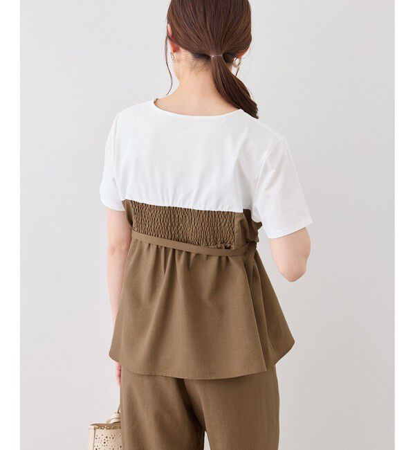 Rope&rsquo;Picnic「【cahoさんコラボ】低身長・小柄さんサイズ エアリーリネンライク ドッキングカットトップス」|Tシャツ・カットソー|