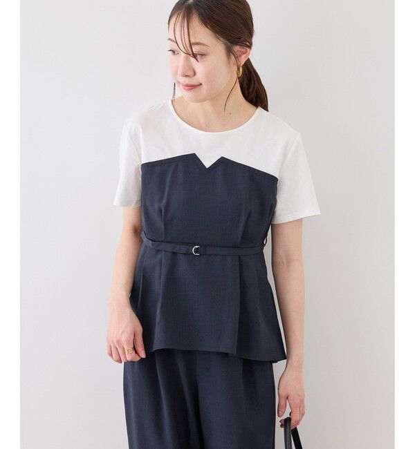 Rope&rsquo;Picnic「【cahoさんコラボ】低身長・小柄さんサイズ エアリーリネンライク ドッキングカットトップス」|Tシャツ・カットソー|