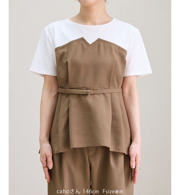 Rope&rsquo;Picnic「【cahoさんコラボ】低身長・小柄さんサイズ エアリーリネンライク ドッキングカットトップス」|Tシャツ・カットソー|