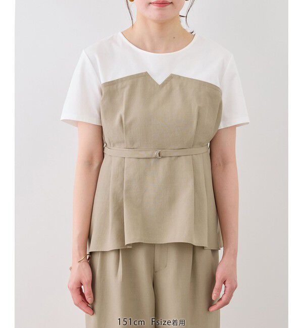 Rope&rsquo;Picnic「【cahoさんコラボ】低身長・小柄さんサイズ エアリーリネンライク ドッキングカットトップス」|Tシャツ・カットソー|