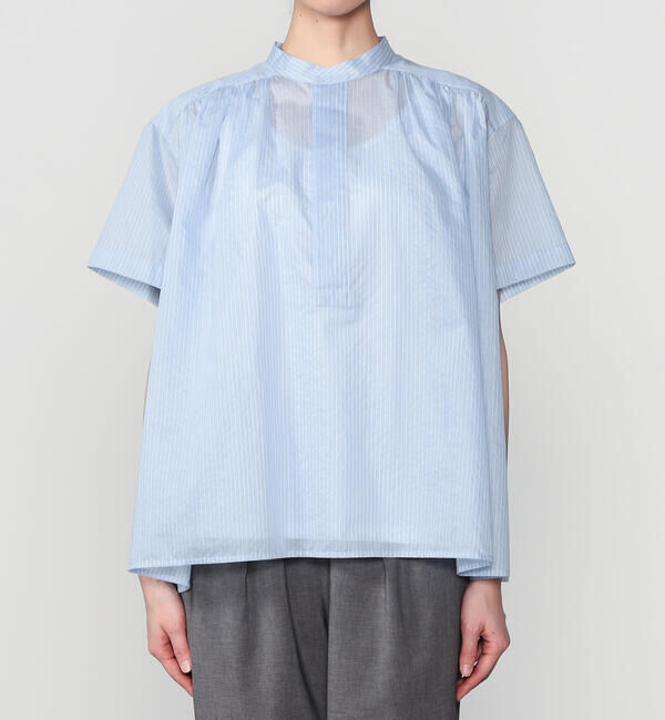 LE GLAZIK「LE GLAZIK | シアーストライプ スタンドカラープルオーバーシャツ WOMEN」|シャツ・ブラウス|