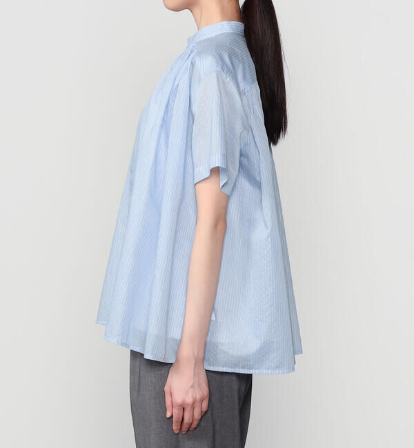 LE GLAZIK「LE GLAZIK | シアーストライプ スタンドカラープルオーバーシャツ WOMEN」|シャツ・ブラウス|