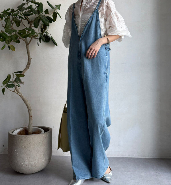  「細紐デニムフロントジップサロペット」|ワンピース|