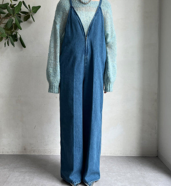  「細紐デニムフロントジップサロペット」|ワンピース|