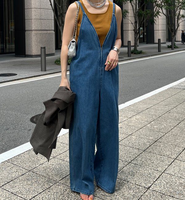 「細紐デニムフロントジップサロペット」|ワンピース|