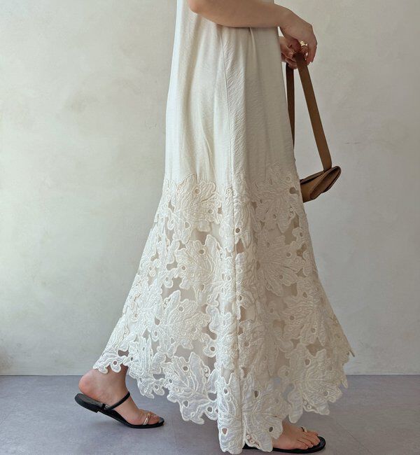  「レース切替ワンピース」|ワンピース|ベージュ