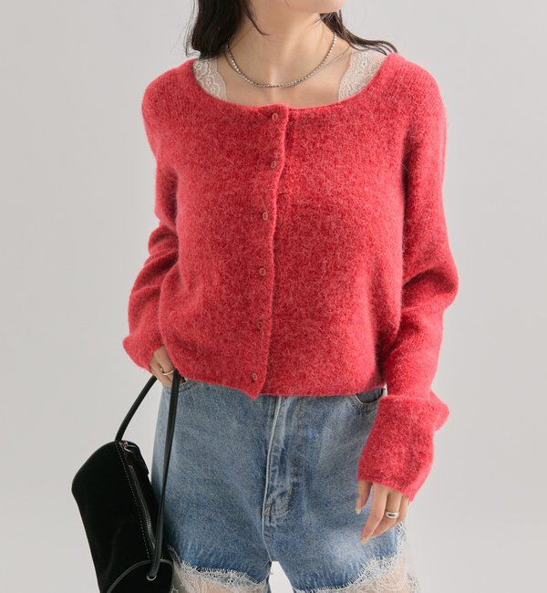  「スクエアネックニットカーディガン」|カーディガン|