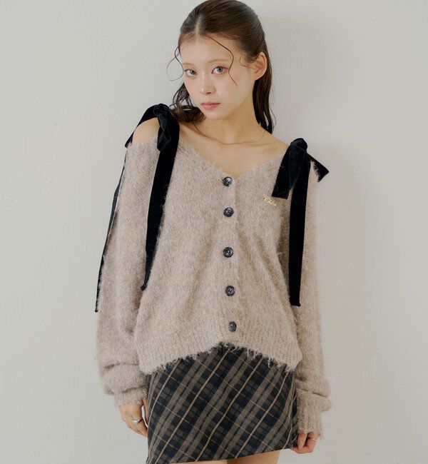  「【ブローチ取外し可】ベロアリボンルーズニットカーディガン」|カーディガン|